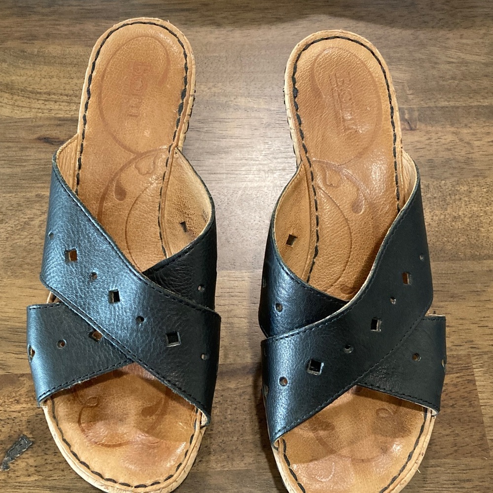 BORN hand crafted footwear.  Black Leather Slide wedge Sandals
